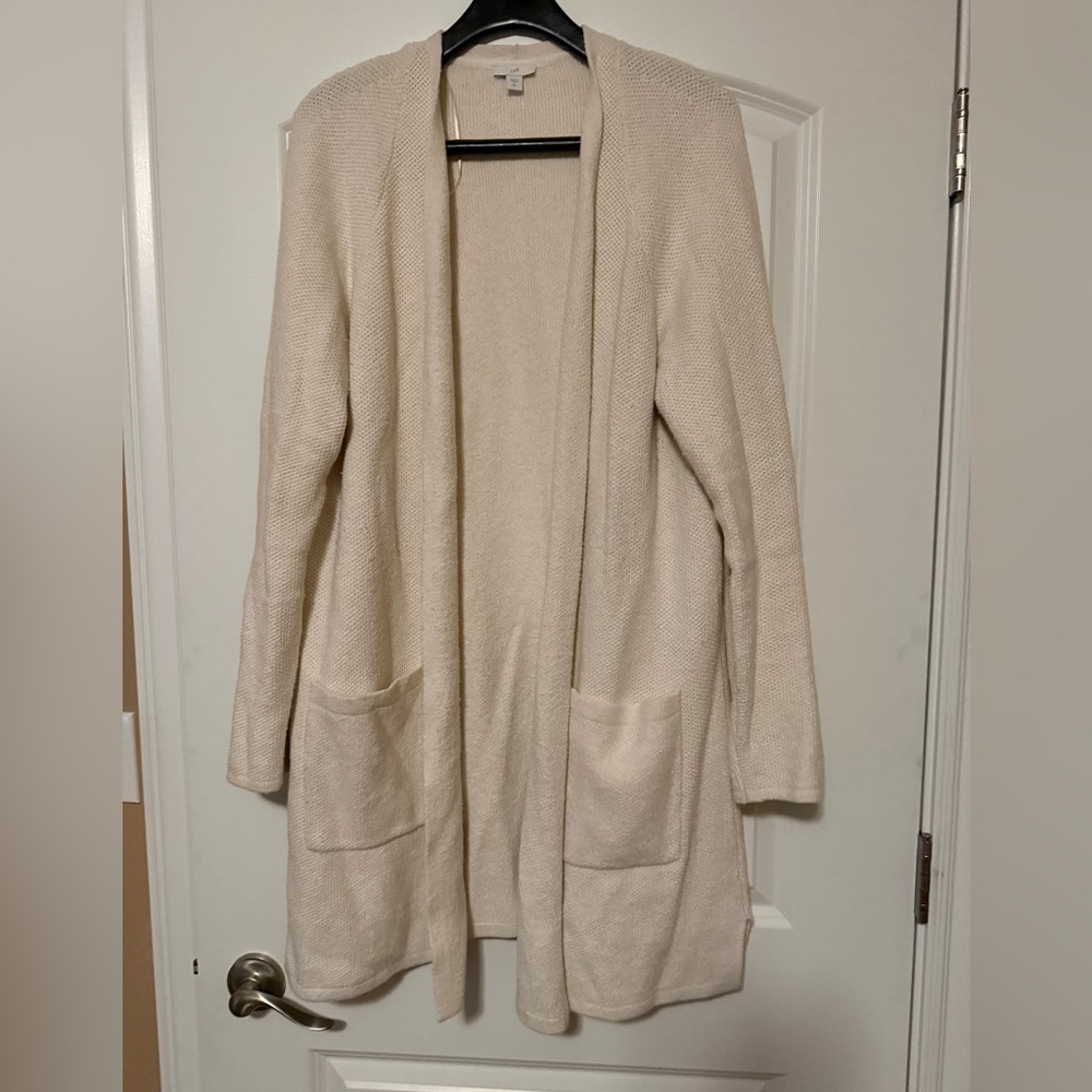 J. Jill Ladies size large long length cream Open-Front Pocket Cardigan. Like new